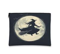 Borsa per trucchi da strega di Halloween, borsa da viaggio con luna spettrale e manico di scopa, borsa da viaggio per donne, organizer portatile in tela con cerniera, borsa da toilette per festival