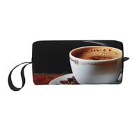 Borsa per trucchi da viaggio con stampa di caffè caldo con chicco di caffè, borsa portatile per cosmetici, trousse per articoli da toeletta, organizer per donne