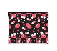 Borsa per trucchi e pillole, nera con motivo pillole, borsa da viaggio per donne, piccola borsa portatile in tela con cerniera, per festival e cura della pelle, nero, 7x9 Inch, Pillole