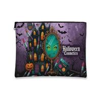 Borsa per trucchi gotica di Halloween, Spooky Haunted House Trousse da viaggio per donne, piccola borsa portatile in tela con cerniera, borsa da toilette per festival di Halloween, Viola, 7x9 Inch