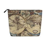 Borsa per trucchi in canapa finta con mappa antica, grande capacità, borsa da viaggio resistente all'acqua per donne