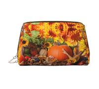 Borsa per trucchi in pelle con foglie autunnali Happy Thanksgiving Day Pumpkin Trousse da viaggio organizer da toilette pochette
