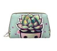 Borsa per trucchi in pelle con piante grasse sorridenti, grande, in pelle PVC, chiusura con cerniera, borsa da viaggio per articoli da toeletta, borsa da viaggio, bianca, taglia unica, bianco, Taglia