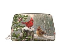 Borsa per trucchi in pelle dorata - Borsa per cosmetici da viaggio con stampa di rami di agrifoglio con uccellino rosso, organizer portatile per articoli da toeletta, custodia con cerniera per uso