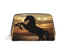 Borsa per trucchi in pelle dorata - The Sunset Stallion (1) Borse per cosmetici da viaggio con stampa, organizer portatile per articoli da toeletta, custodia con cerniera per uso quotidiano, Argento
