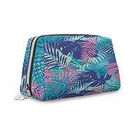 Borsa per trucchi in pelle, grande, a tema, spiaggia estate isola tropicale, borsa cosmetica da viaggio, borsa portatile versatile con cerniera per donne, bianco verde, M, Blu Rosa_7, Taglia unica,