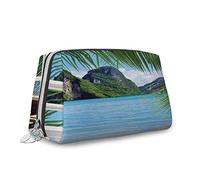 Borsa per trucchi in pelle, grande, a tema, spiaggia estate isola tropicale, borsa cosmetica da viaggio, borsa portatile versatile con cerniera per donne, bianco verde, M, Bianco Verde_6, Taglia