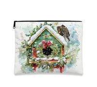 Borsa per trucchi invernale con casetta per gli uccelli, borsa da viaggio vintage per donne, organizer portatile in tela con cerniera, borsa da toeletta per le vacanze, 17,8 x 22,9 cm