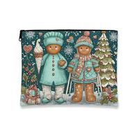 Borsa per trucchi invernale con pan di zenzero, graziosa borsa per cosmetici natalizia da donna, organizer portatile in tela con cerniera, borsa da toilette per la cura della pelle, Verde acqua, 7x9