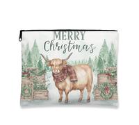 Borsa per trucchi Merry Christmas, borsa da viaggio per cosmetici da donna, in tela con cerniera, borsa da toilette per la cura della pelle delle vacanze, bianco, 7x9 Inch, Mucca delle Highland