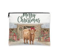 Borsa per trucchi Merry Christmas, borsa da viaggio vintage per cosmetici da donna, piccola borsa portatile in tela con cerniera, borsa da toeletta per le vacanze, Marrone, 7x9 Inch, Mucca delle