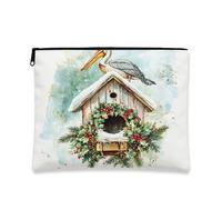 Borsa per trucchi natalizia con casetta degli uccelli, borsa da viaggio vintage per cosmetici, borsa da viaggio per donne, organizer in tela con cerniera, borsa da toilette per le vacanze, 17,8 x 22,9