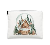 Borsa per trucchi natalizia con palla di neve, casa di pan di zenzero, borsa da viaggio invernale per donne, piccola borsa portatile in tela con cerniera organizer, bianco, 7x9 Inch, Palla di neve