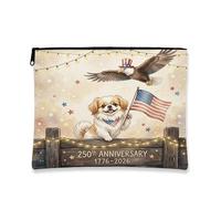 Borsa per trucchi per anniversario fantasiosa, con simpatico cane e aquila, per il giorno dell'indipendenza, organizer portatile in tela con cerniera, 17,8 x 22,9 cm