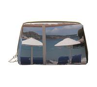 Borsa per trucchi portatile in pelle minimalista ed elegante, Borsa per cosmetici stampata sulla spiaggia sotto le nuvole bianche per ragazze e donne - Taglia piccola