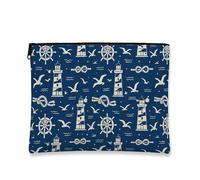 Borsa per trucchi vintage nautica, con faro e gabbiani, borsa da viaggio per donne, organizer portatile in tela con cerniera, borsa da toilette per la cura della pelle estiva da spiaggia, Navy, 7x9