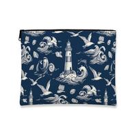 Borsa per trucchi vintage nautica, con faro e onde, borsa da viaggio per donne, organizer portatile in tela con cerniera, borsa da toilette estiva per la cura della pelle, Navy, 7x9 Inch, Faro