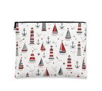 Borsa per trucchi vintage nautica, con faro rosso e barche a vela, borsa da viaggio per donne, borsa portatile in tela con cerniera, organizer per articoli da toeletta 17,8 x 22,9 cm