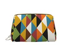 Borsa per trucco a forma di gatto di arte moderna della metà del secolo,Sacchetto cosmetico in pelle portatile,Borsa da viaggio organizer impermeabile per articoli da toeletta, Patchwork Geometrico,