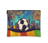 Borsa per trucco artistica vivace da calcio, borsa da viaggio colorata con paesaggio urbano per donne, organizer portatile con cerniera, borsa da toeletta per festival e feste, 17,8 x 22,9 cm