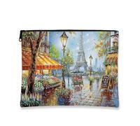 Borsa per trucco artistico, borsa da viaggio per cosmetici parigini vintage con Torre di Parigi, piccola borsa portatile in tela con cerniera, borsa da toeletta regalo primaverile, Blu, 7x9 Inch