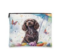 Borsa per trucco con cane acquerello, uova di Pasqua colorate, borsa da viaggio per donne, organizer portatile in tela con cerniera, elementi essenziali per le vacanze primaverili, 17,8 x 23,9