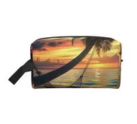 Borsa per trucco da donna con stampa a righe colorate per trucco da viaggio organizer per articoli da toeletta grande capacità con manico, Coconut Beach - Amaca al tramonto, Taglia unica, Astuccio per