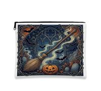 Borsa per trucco gotica di Halloween con scopa e zucche, 17,8 x 22,9 cm | Architettura gotica, borsa cosmetica, scopa volante, zucche luminose, pipistrelli, scena del cimitero, atmosfera mistica