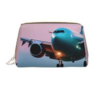 Borsa per trucco in pelle con cerniera a mano con aereo nelle luci della sera astuccio portapenne astuccio per rossetto astuccio da toilette, bianco, Taglia unica