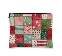 Borsa per trucco patchwork festiva, borsa da viaggio vintage natalizia per donne, organizer portatile in tela con cerniera, borsa da toilette per le vacanze, Rosso, 7x9 Inch, Patchwork