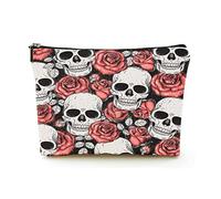 Borsa per trucco piccola premium per donna Borse per cosmetici portatili custodia per kit da viaggio per viaggi di lavoro, teschio e rose rosse