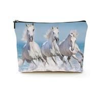 Borsa per trucco portatile Borsa per cosmetici da viaggio in lino da donna con custodia per trucco con cerniera per viaggio d'affari, tre cavalli bianchi che galoppano nel mare