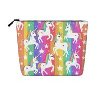 Borsa per trucco resistente all'acqua con unicorni su strisce, in canapa finta, grande organizer per cosmetici da viaggio con cerniera