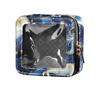 Borsa per trucco trasparente con unicorni blu e oro a forma di cartone animato, borsa da toilette portatile, organizer per trucco per volare