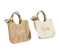Borsa personalizzata della spiaggia della paglia, borsa ricamata di nome personalizzato, regalo della damigella d'onore, favore del partito di addio al nubilato, bianco sporco