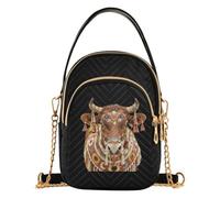 Borsa piccola per tutte le stagioni con manico superiore | Mini borsa da viaggio con cerniera e tasca con mucca marrone cornuta