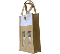 Borsa Porta 2 Bottiglie in Juta con Manici e chiusura con Bottone, Portabottiglie Vino Regalo con Finestra e con divisore interni, Borsa di tela Eco-friendly per Bottiglie di Vino Spumante Champagne