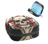 Borsa porta assorbenti con teschio e fiori, con scritta "Day of the Dead", grande tasca mestruale con cerniera, per assorbenti mestruali, per ragazze e donne, multicolore, 4.7x6.6x6.6 in/12x17x17 cm