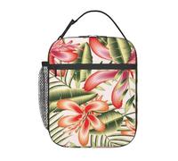 Borsa porta pranzo per adulti con fiori di ibisco rosa tropicali, piante, fogliame e foglie di palma di banana, floreale, estate, autunno, borsa termica regolabile, riutilizzabile, isolata, per uomo
