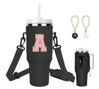 Borsa portabottiglie d'acqua da 40 once con ciondolo a 2 lettere, 1 pezzo di lettera in chenille autoadesiva, custodia per bottiglia con iniziale e cinghia per accessori per tazza, regali per San Vale