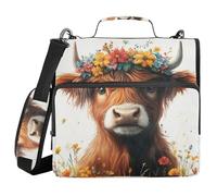 Borsa portadocumenti con cerniera, motivo mucca scozzese delle Highland con corona floreale e tracolla con tasche multiple da 3,8 cm e 3 anelli