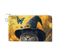 Borsa portafoglio in tela, cappello da strega, gatto, fiori gialli, stampa farfalla, portamonete con cerniera, piccola borsa per cosmetici
