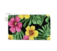 Borsa portafoglio in tela, fiori tropicali rosa verde giallo stampa portamonete, borsa con cerniera cambio, piccola borsa cosmetica