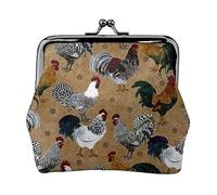 Borsa portamonete stampata in denim blu sfumato per le donne borsa portafoglio in pelle PU sacchetto di cambio Kiss-Lock Vintage Pouch, Stampa di gallo e pollo, Taglia unica, Vintage
