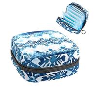 Borsa portaoggetti per assorbenti igienici, blu foglia di tè e bianco, con texture geometrica a mosaico, borsa portatile per assorbenti mestruali, per donne, scuola, ufficio