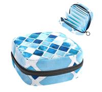 Borsa portaoggetti per assorbenti igienici, blu foglia di tè e bianco, motivo geometrico a mosaico ad acquerello, borsa portatile per assorbenti mestruali, per donne, scuola, ufficio