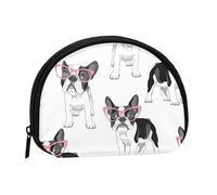 Borsa portaoggetti per assorbenti igienici per il trucco, portamonete per cosmetici da donna, con occhiali rosa e cane bianco e cartone animato Bulldog francese nero