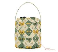 Borsa portaoggetti per filati con fiocchi gialli vintage, fiori e diamanti verdi, portatile, per lavori a maglia