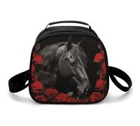 Borsa portapranzo a tracolla con cavallo nero su sfondo di rose rosse, piccola borsa termica per il pranzo, con tracolla regolabile, riutilizzabile, per lavoro, picnic, viaggi