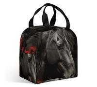 Borsa portapranzo con cavallo nero su sfondo di rose rosse, per adulti, a tenuta stagna, isolata, con cerniera e tasche multiple, grande capacità, per ufficio, lavoro, picnic